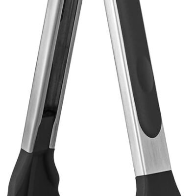 High-Heat Resistant Kitchen Tongs (Up to 600ºF) 9-Inch Silicone Cooking Tongs — Featuring Snug-Fit Non-Stick Silicone Tips, Silicone-Coated 18/8 Stainless Steel Handles, and a Smooth Locking Mechanism; Ideal for Serving Salad (Black)