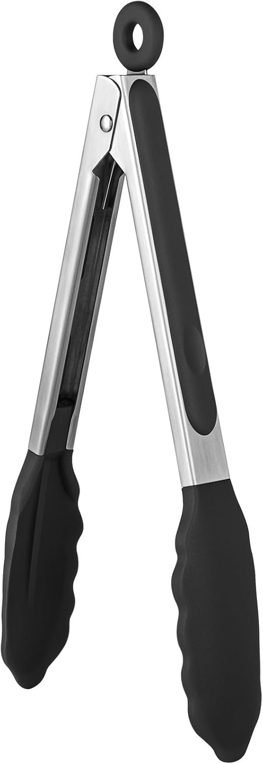 High-Heat Resistant Kitchen Tongs (Up to 600ºF) 9-Inch Silicone Cooking Tongs — Featuring Snug-Fit Non-Stick Silicone Tips, Silicone-Coated 18/8 Stainless Steel Handles, and a Smooth Locking Mechanism; Ideal for Serving Salad (Black)