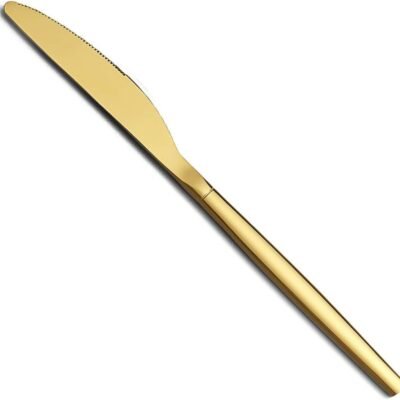 12-Piece Gold Dinner Knife Set: Stainless steel dinner knives, butter knives, and table cutlery featuring a lustrous titanium plating; dishwasher safe.