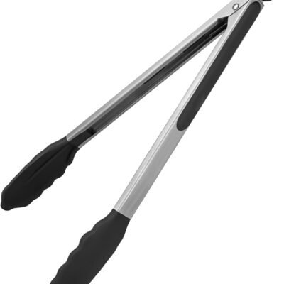 600ºF Heat-Resistant Kitchen Tongs: 12-Inch Large Silicone Cooking Tongs — Featuring Sturdy, Non-Stick Rubber Tips, Silicone-Coated 18/8 Stainless Steel Handles, and a Smooth Locking Mechanism; Ideal for Grilling (Black)