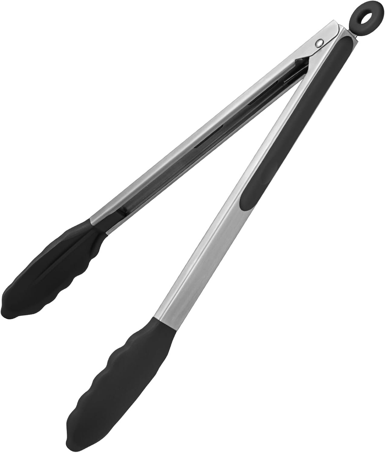 600ºF Heat-Resistant Kitchen Tongs: 12-Inch Large Silicone Cooking Tongs — Featuring Sturdy, Non-Stick Rubber Tips, Silicone-Coated 18/8 Stainless Steel Handles, and a Smooth Locking Mechanism; Ideal for Grilling (Black)