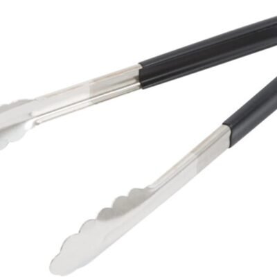 12-Inch One-Piece Molded Tongs — Stainless Steel Construction with Black Handles