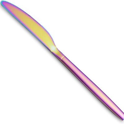 4-Piece Rainbow Dinner Knife Set: Sturdy and durable 9-inch stainless steel cutlery with a modern design; features a colorful titanium-plated, round-tip knife set; dishwasher safe.