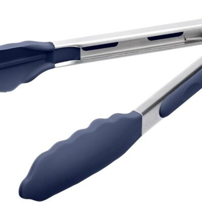 Kitchen Cooking Tongs — Heat-Resistant up to 600°F, with Scratch-Safe Silicone Tips; Heavy-Duty Stainless Steel Locking Tongs, Ideal for Grilling, Searing Steaks, Serving Salad, and Pasta (9-Inch, Navy Blue)