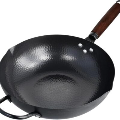 Carbon Steel Wok Pan with Double Spouts, Woks & Stir-Fry Pans Nonstick with Wooden and Steel Helper Handle 11.8 Inches(Flat Bottom)