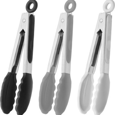 Small Silicone Tongs (7-Inch Mini Serving Tongs) — 3-Pack (Black, Gray, White)