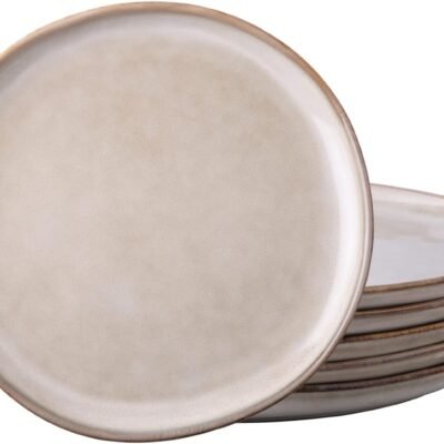 Ceramic Dinner Plates Set of 6, 10.5 Inch Handmade Reactive Glaze Stoneware Plates, Rustic Shape Dinnerware Dish Set for Kitchen, Microwave & Dishwasher Safe, Scratch Resistant-Cappuccino