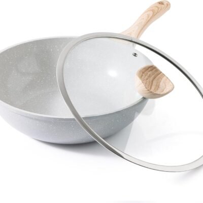 Ceramic Wok Pan, 12 Inch Nonstick Wok with Lid, Healthy Non Toxic Woks & Stir-fry Pans for Cooking, Induction Cookware,  &  Free