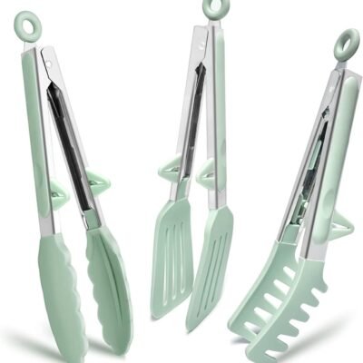Kitchen Cooking Tongs: 9-Inch Small Silicone Tongs — Food-Grade Mini Serving Tongs (Silicone Tips) — 3-Pack (Green)
