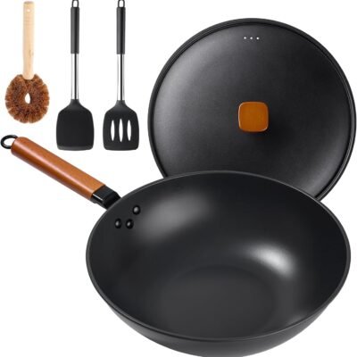 Wok Pan with Lid - 13" Nonstick Wok, Carbon Steel Woks & Stir-Fry Pans with Cookwares, Flat Bottom Chinese wok for Electric, Induction and Gas Stoves