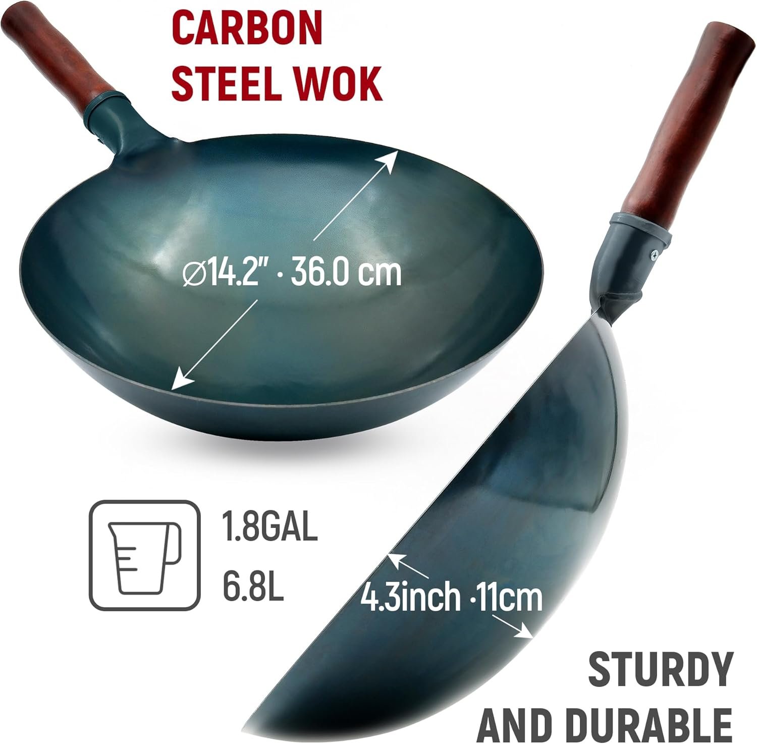 Carbon Steel Wok Traditional Hand Hammered Wok,14 Inch,Round Bottom(Roasted Blue) - Image 2