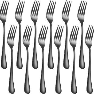 12 Piece Dinner Forks, 8 Inch, Top Food Grade Extra-Fine Stainless Steel Silverware Forks，Silverware Set, Dishwasher Safe （Black)