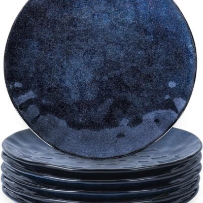 Ceramic Dinner Plates Set, 10.5 Inch, Set of 6, Round, Microwave, Oven, Dishwasher Safe, Porcelain Fluted Suitable for Steak, Pasta, Pizza, Home, Party, Restaurant (Blue)
