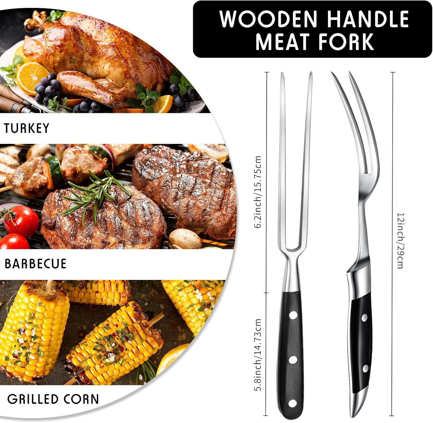 2 Pieces Carving Fork for Meat 12 Inch Kitchen Stainless Steel Serving Cooking with Wood Handle Classic Grill with Handle Xmas Black Barbecue BBQ Fork Carving Set - Image 2