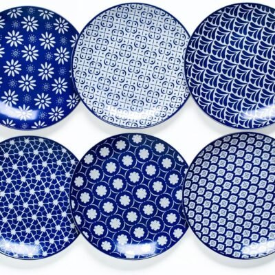 Porcelain Dinner Plates Set of 6, 8 Inch Ceramic Plates - Blue and White Vintage Design for Salad, Pasta, Steak - Scratch, Chip Resistant, Dishwasher & Microwave Safe