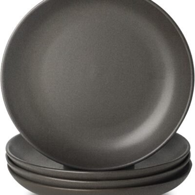 Stoneware Dinner Plates, 10 Inch Serving Dishes Set of 4 for Kitchen, Ceramic Dinnerware Dishes for Steak, Pancakes, Scratch Resistant Plate Set, Microwave & Dishwasher Safe, Matte Black