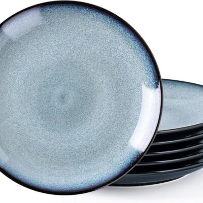 Ceramic Dinner Plates Set of 6, 10.5 Inch Handmade Reactive Glaze Porcelain Plates,  Shape Dinnerware Dishes Set for Kitchen,Oven& Microwave & Dishwasher Safe, Scratch Resistant-Gray Blue